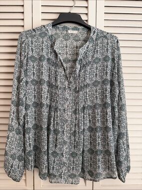 Kori Teal Printed Pintuck Peasant Blouse